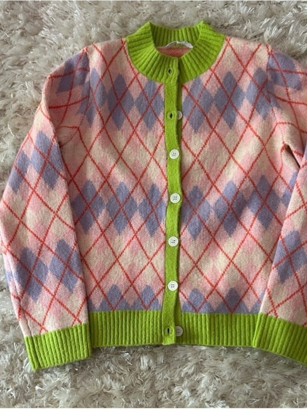 Avara THML Pastel Argyle Knit Cardigan with Lime Trim size small